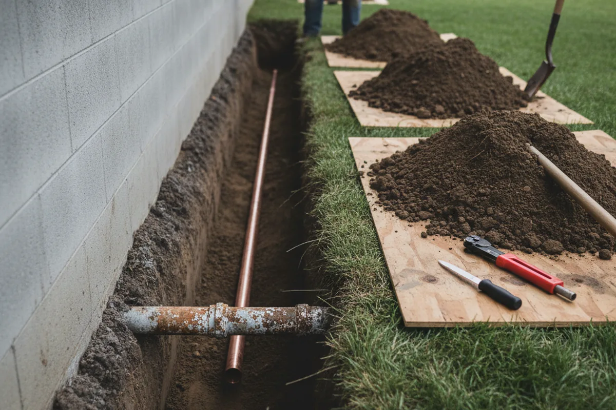 Excavated water line trench during Water Heater Repair in Cedar Hill